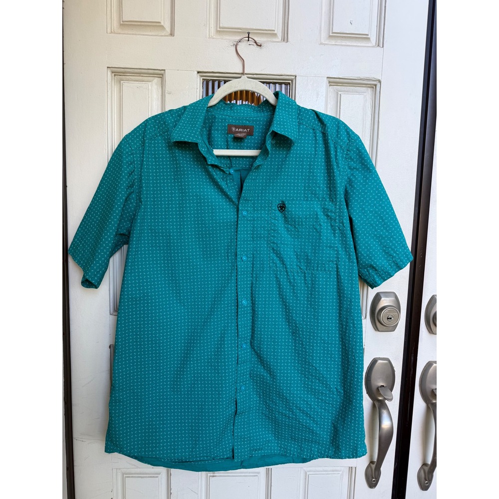 Ariat Short Sleeve Button Down Shirt Teal Geometric Print Cotton Size Medium